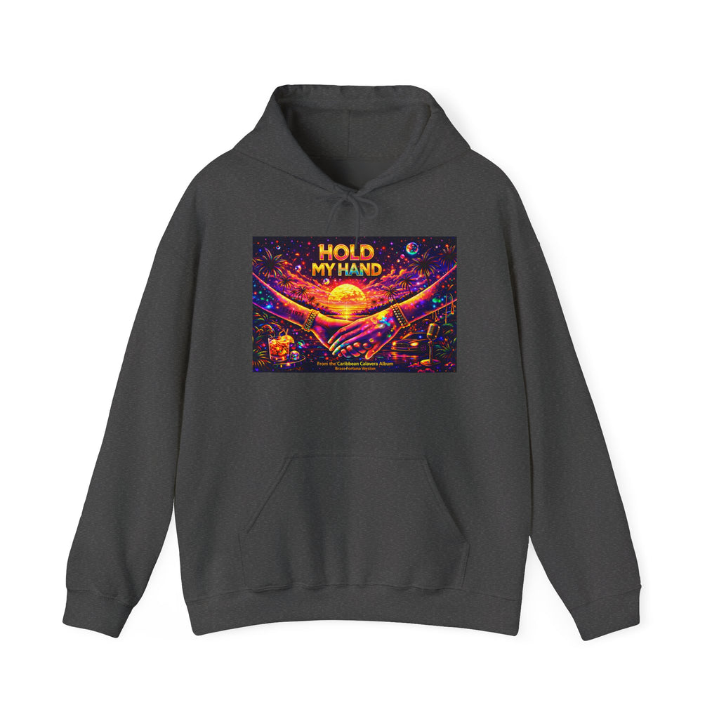 Hold My Hand Cosmic Hoodie Song Cover Art From The Caribbean Calavera Album  — Vibrant Sunset Hands Graphic Sweatshirt