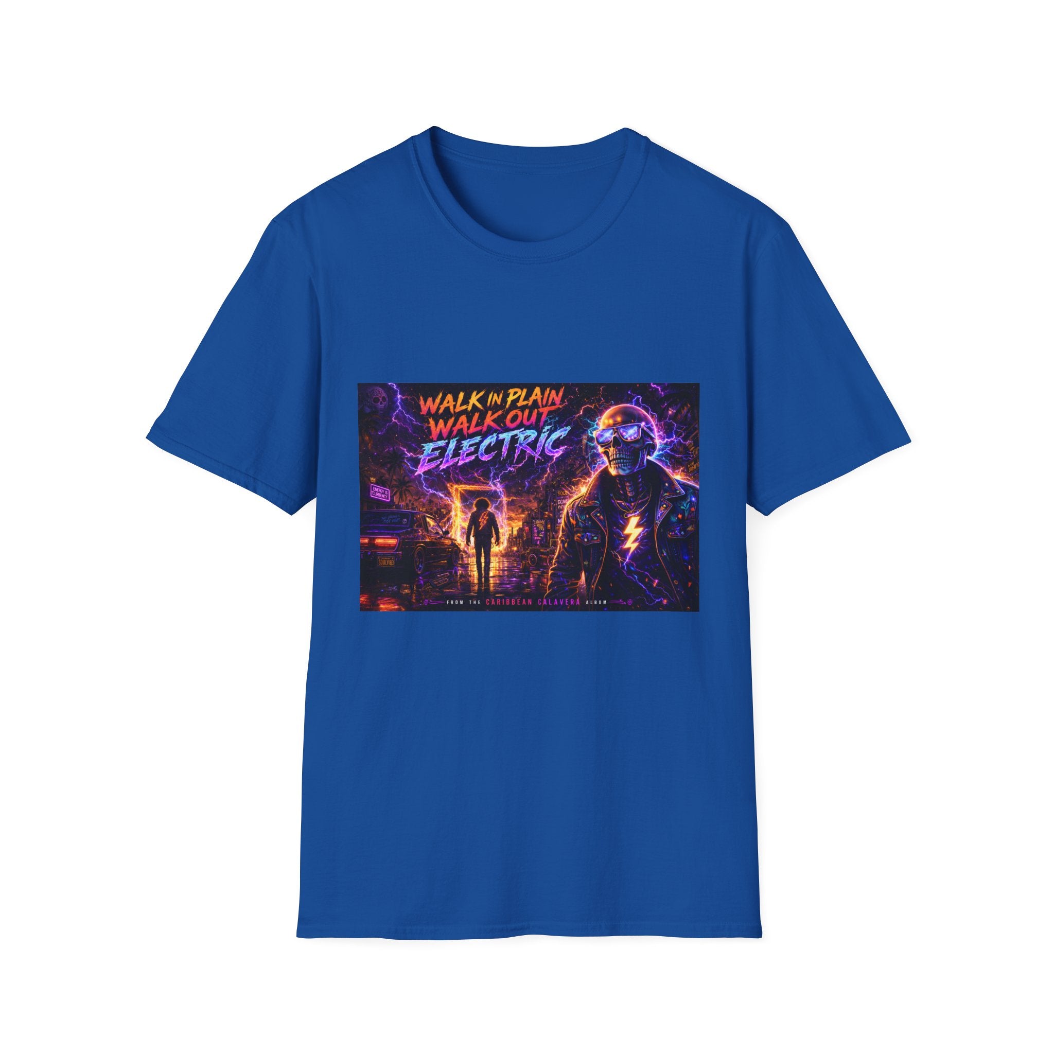 Walk Out Electric  Song Cover Art From The Caribbean Calavera Album Hoodie Retro Tee — “Walk In Plain, Walk Out Electric” Vintage Cyberpunk T-Shirt