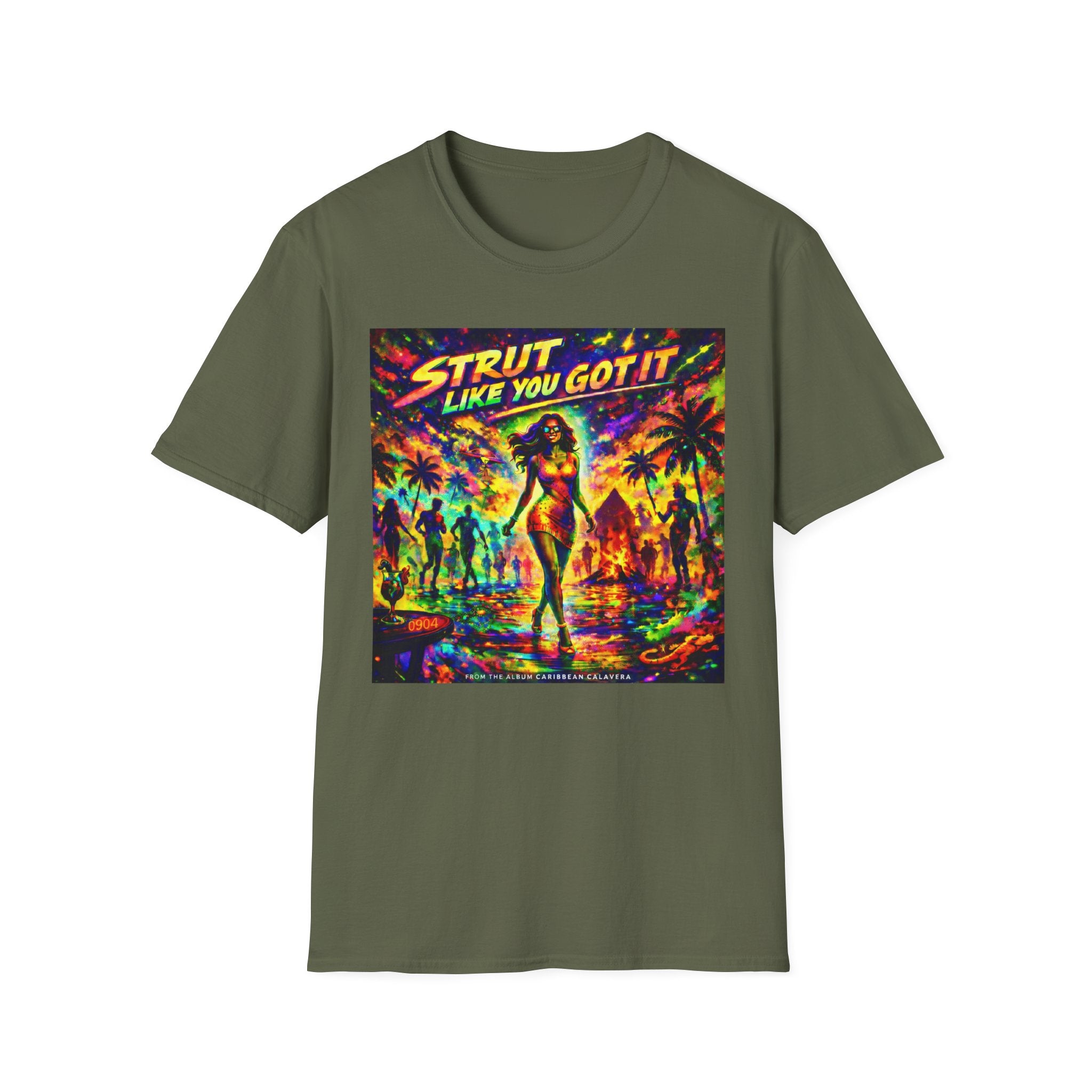 Strut Like You Got It Graphic T-Shirt  Song Cover Art From The Caribbean Calavera Album — Retro Neon Beach Vibe