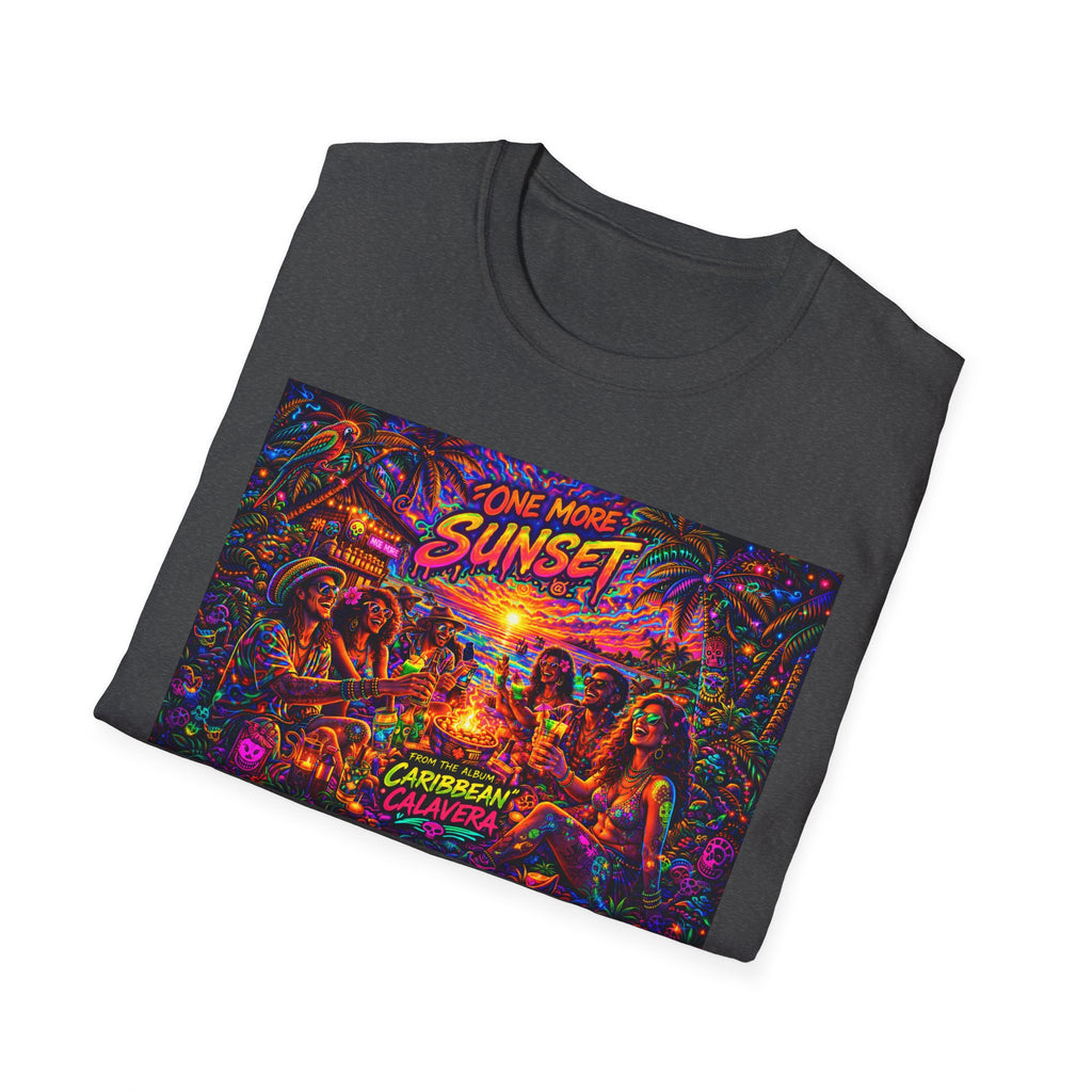 One More Sunset Bonfire Graphic T-Shirt  Song Cover Art From The Caribbean Calavera Album   — "Sunset" Neon Beach Party Tee