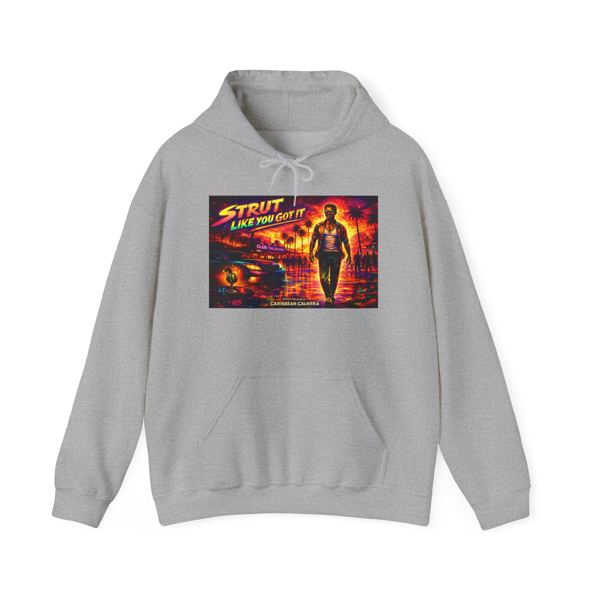 Retro 'Strut Like You Got It' Hoodie Song Cover Art From The Caribbean Calavera Album  — 80s Neon Vaporwave Streetwear