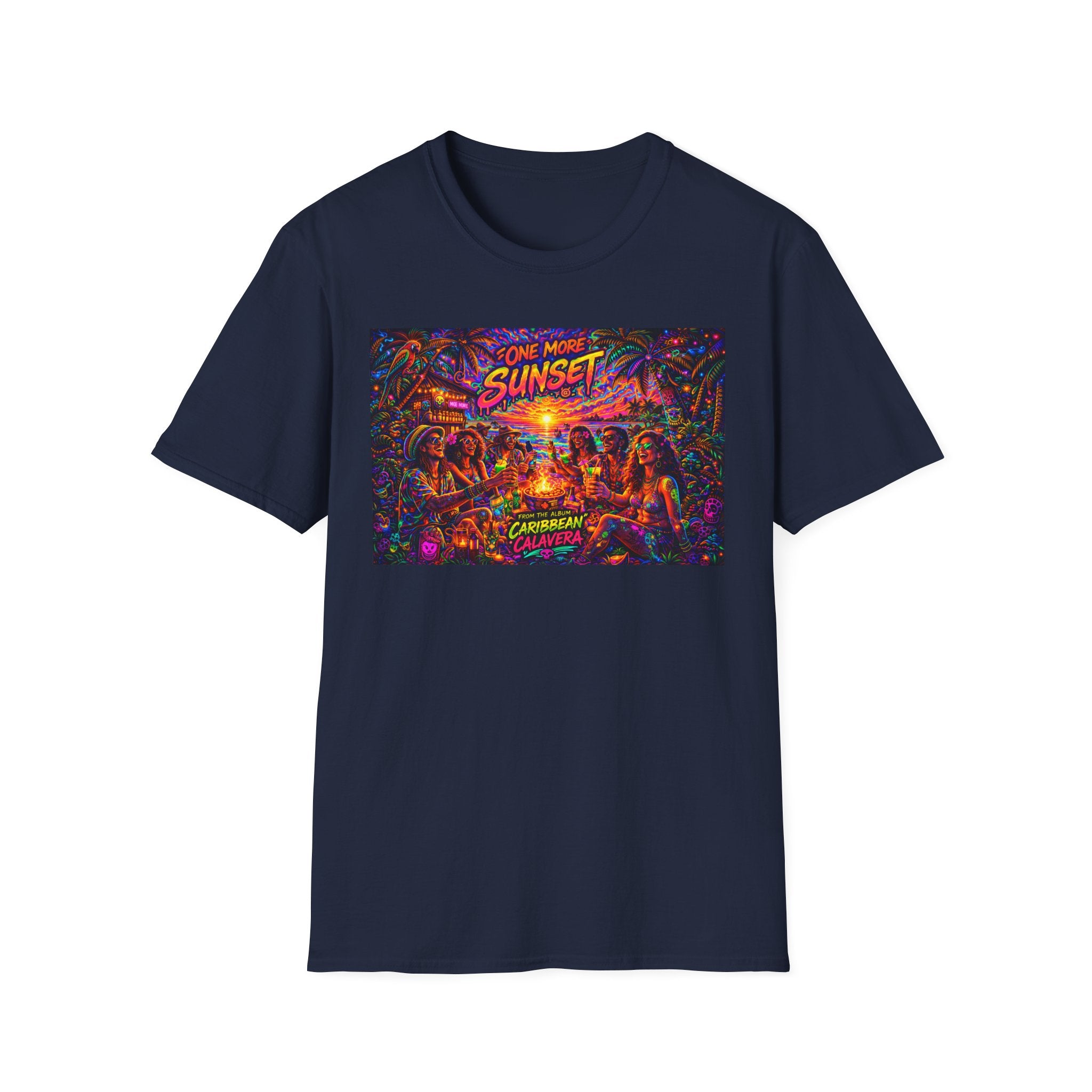 One More Sunset Bonfire Graphic T-Shirt  Song Cover Art From The Caribbean Calavera Album   — "Sunset" Neon Beach Party Tee