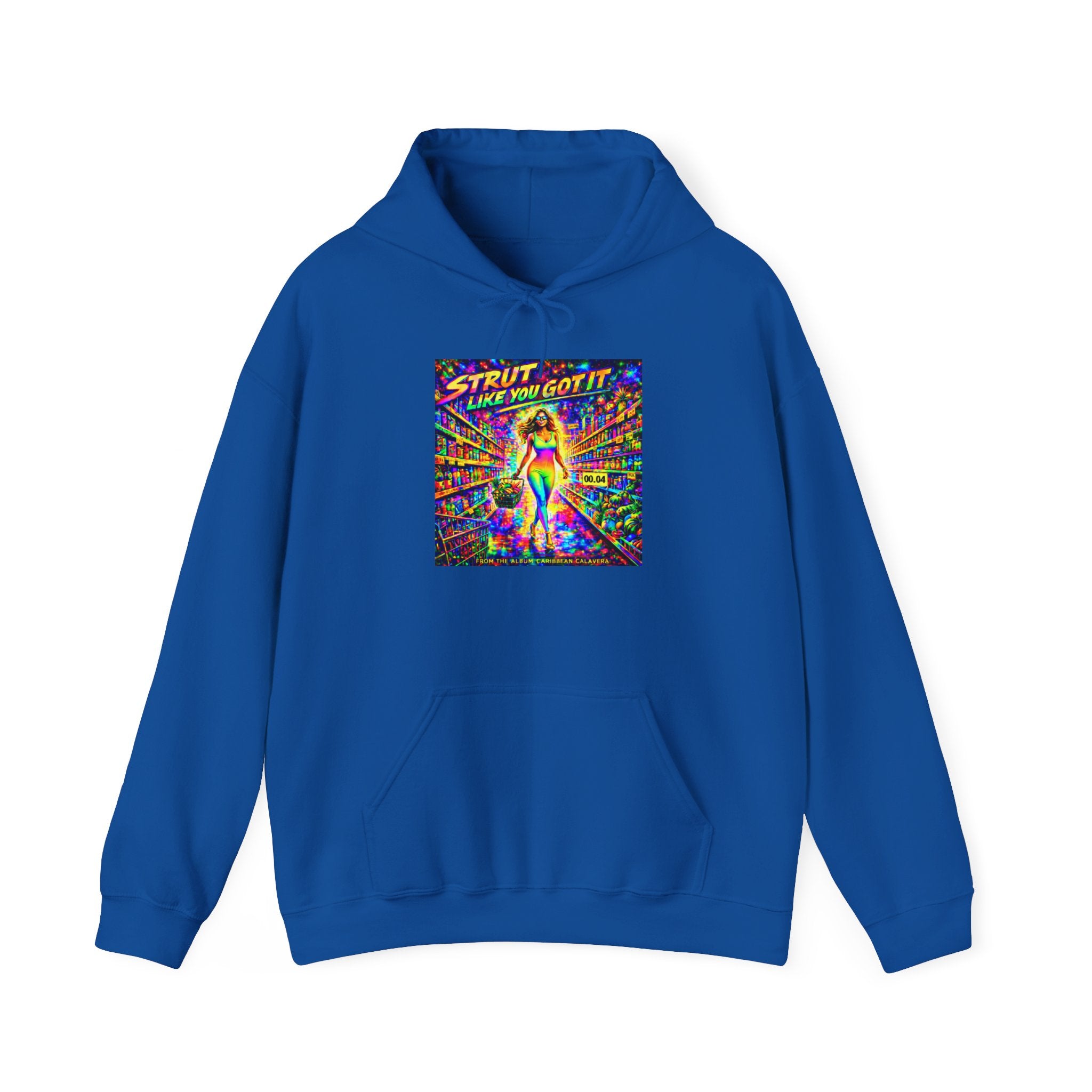 Strut! Like You Got It Retro Disco Hoodie Song Cover Art From The Caribbean Calavera Album — Colorful Rainbow Graphic