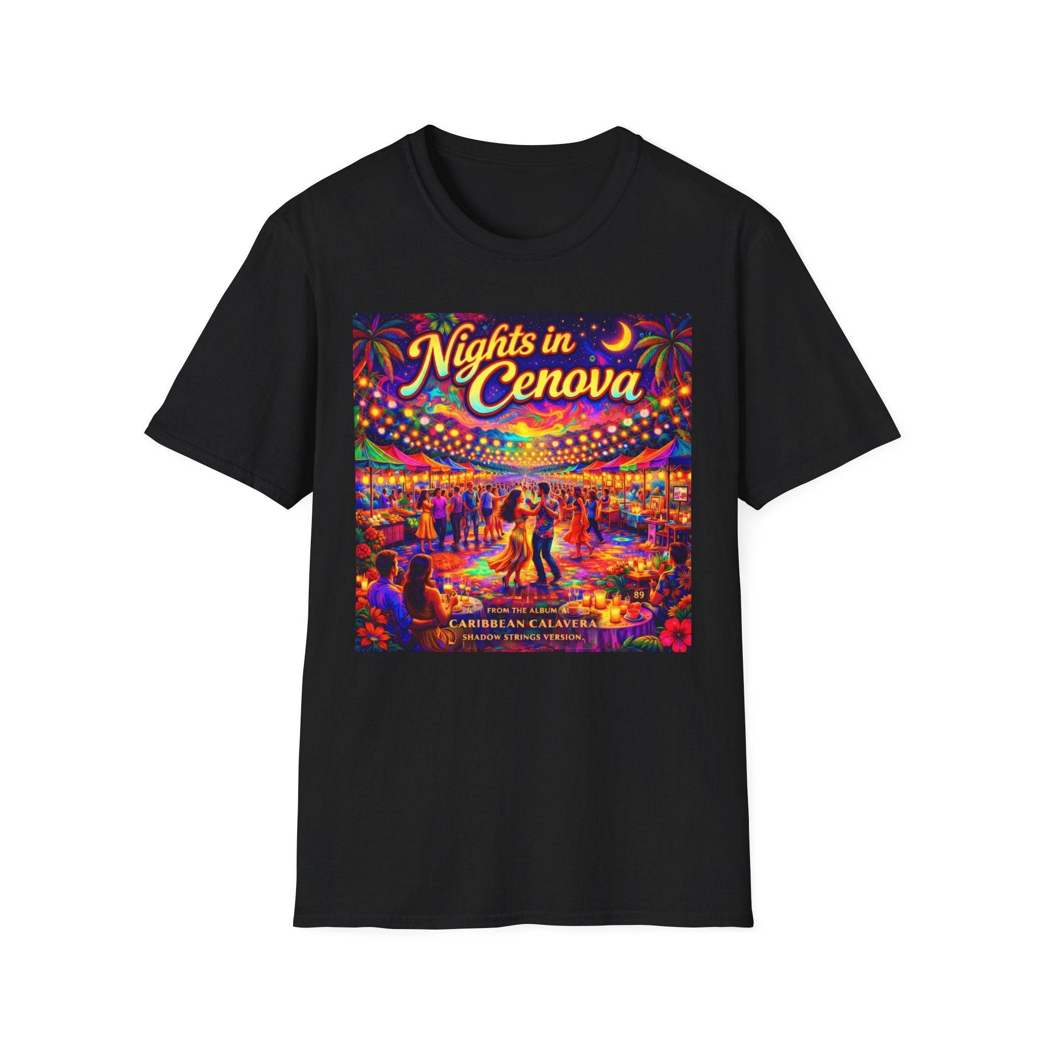 Nights in Cenova Graphic T-Shirt Song Cover Art From The Caribbean Calavera Album — Colorful Festival Street Scene