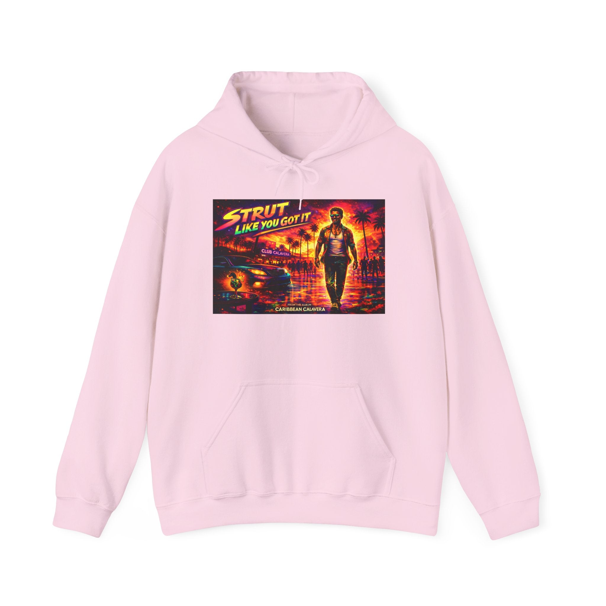 Retro 'Strut Like You Got It' Hoodie Song Cover Art From The Caribbean Calavera Album  — 80s Neon Vaporwave Streetwear