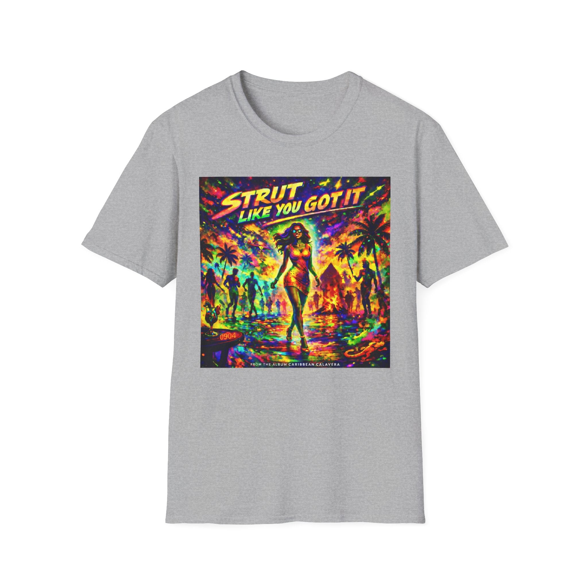 Strut Like You Got It Graphic T-Shirt  Song Cover Art From The Caribbean Calavera Album — Retro Neon Beach Vibe