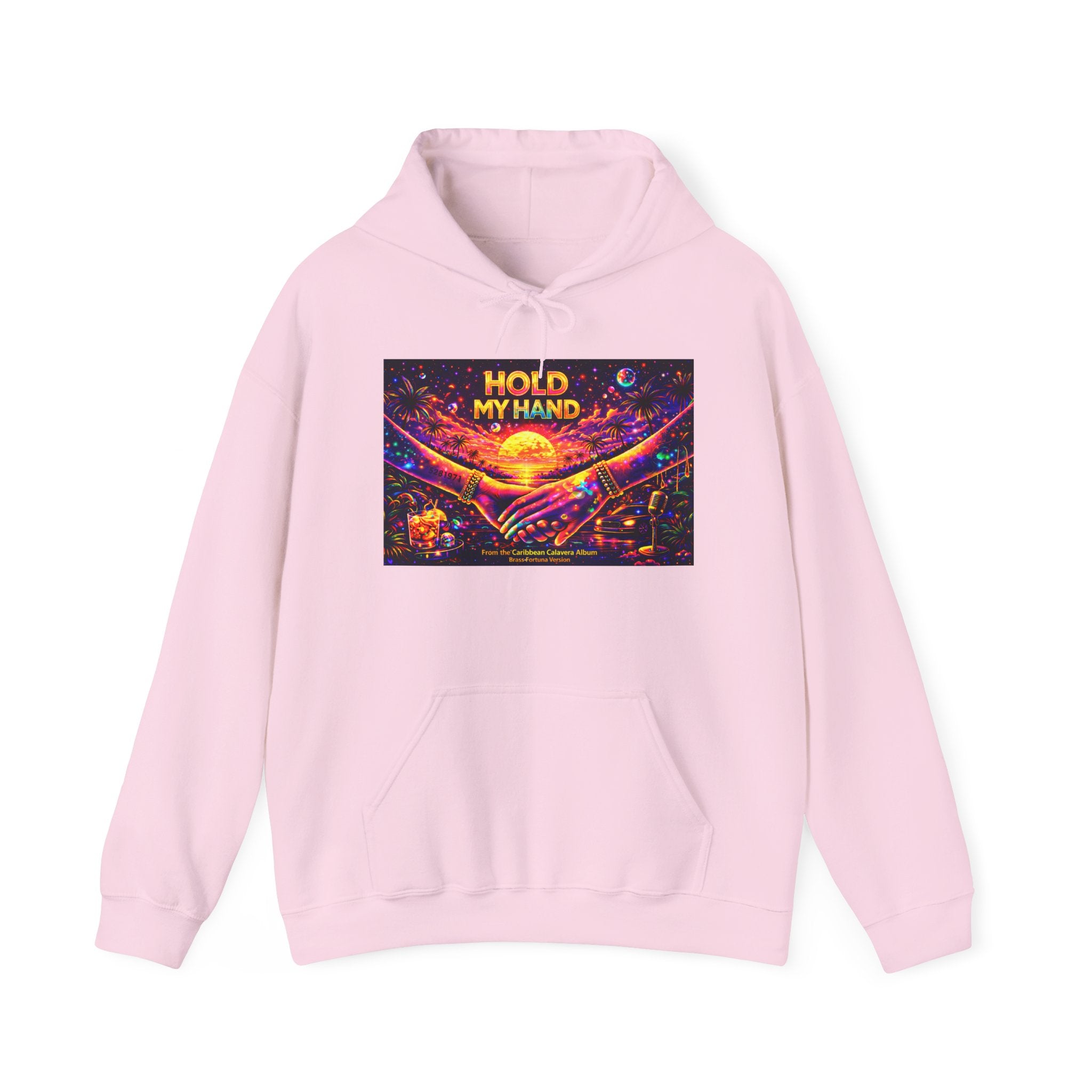 Hold My Hand Cosmic Hoodie Song Cover Art From The Caribbean Calavera Album  — Vibrant Sunset Hands Graphic Sweatshirt
