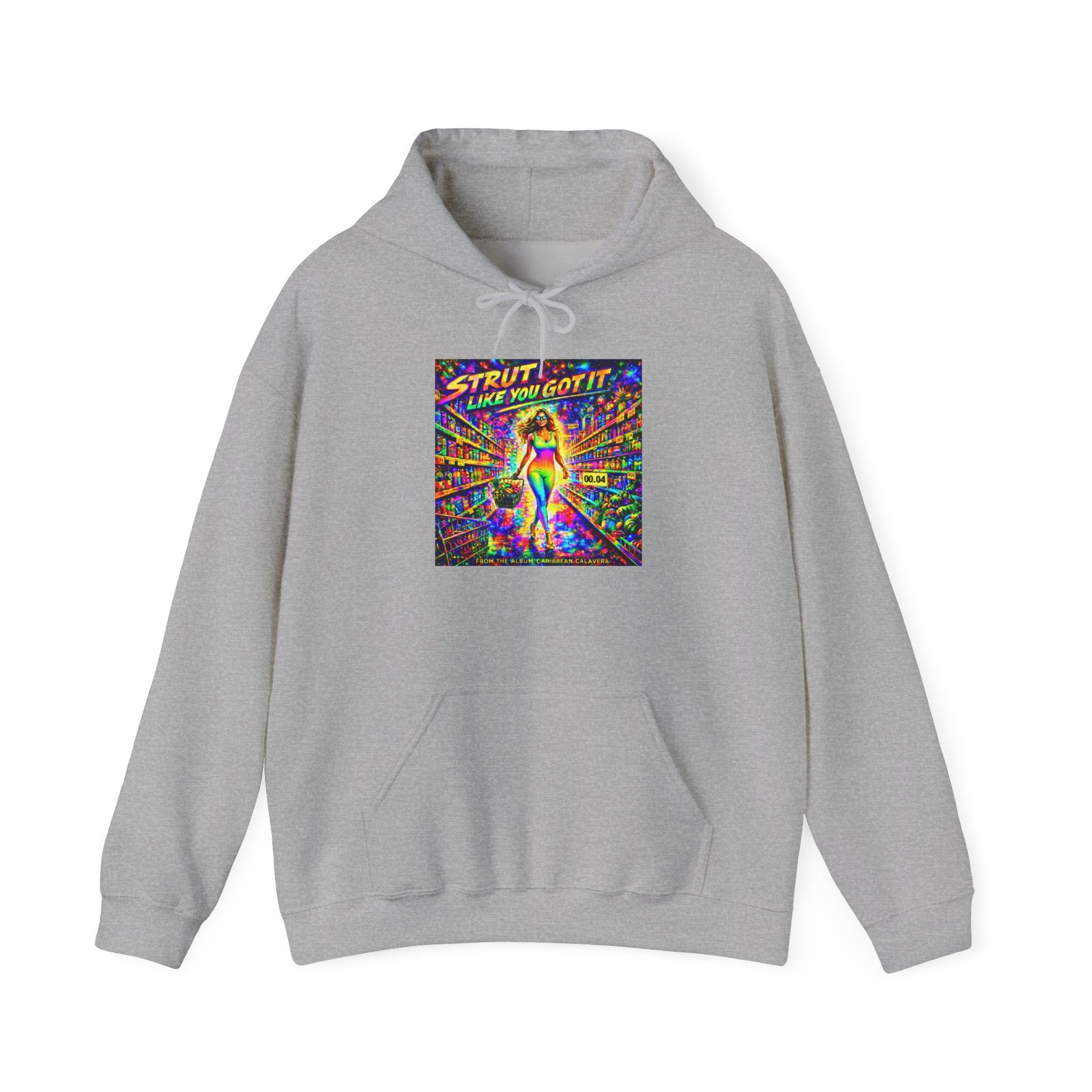 Strut! Like You Got It Retro Disco Hoodie Song Cover Art From The Caribbean Calavera Album — Colorful Rainbow Graphic