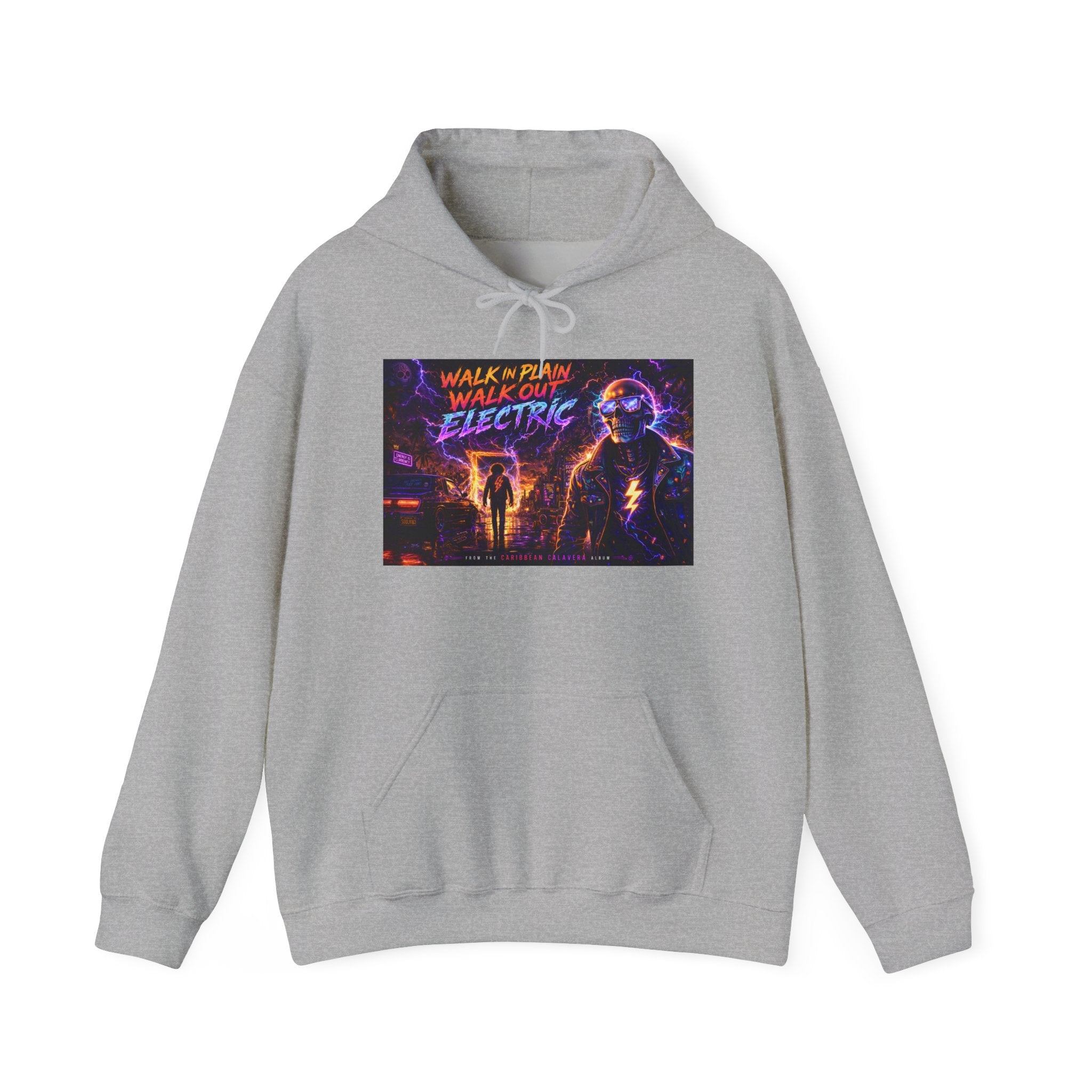 Hoodie — Neon 'Walk With Me, Walk Out Electric' Retro Cyberpunk Design