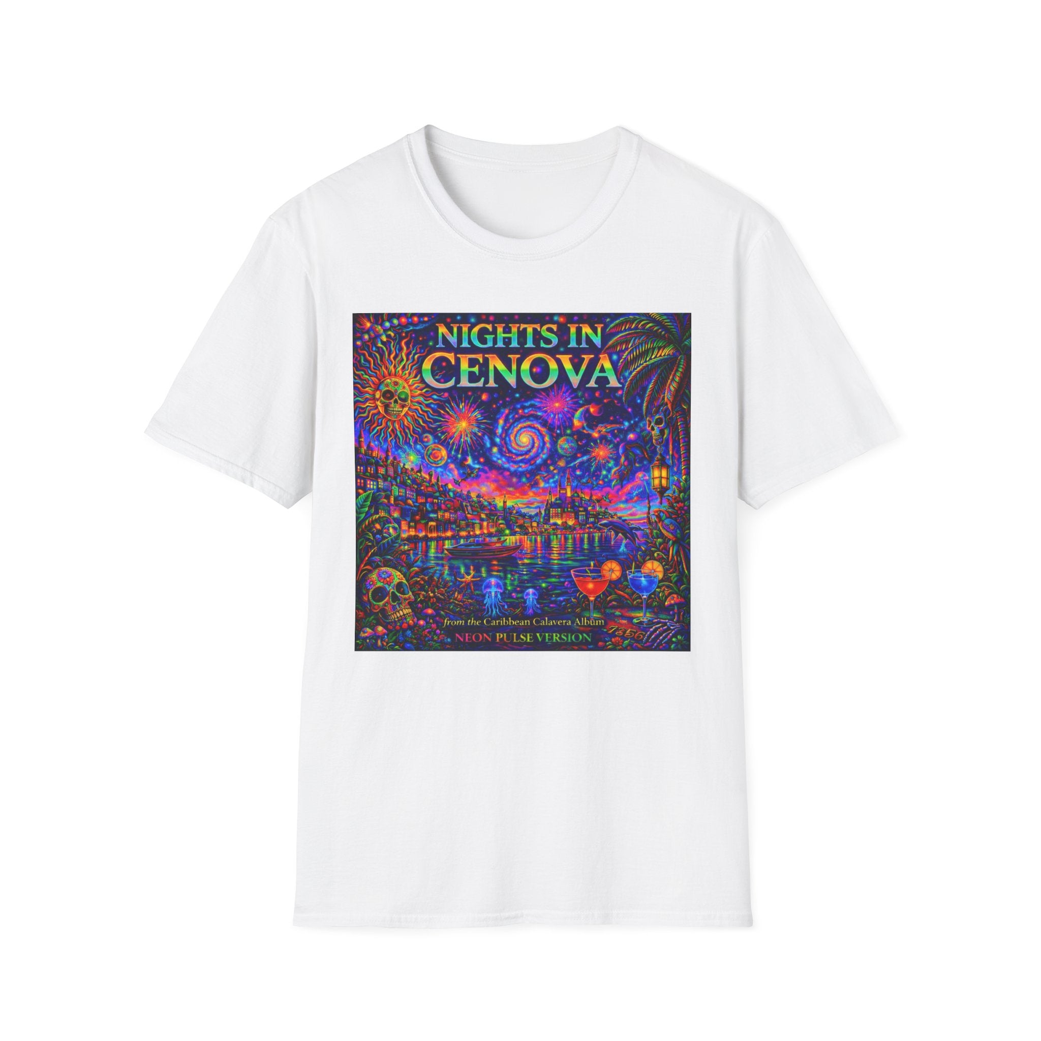 Nights in Cenovia T-Shirt  Song Cover Art From The Caribbean Calavera Album   — Colorful Fireworks Cityscape Tee