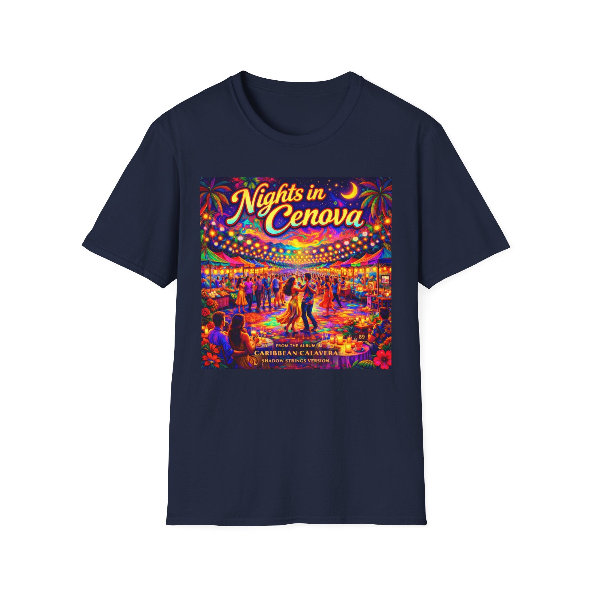 Nights in Cenova Graphic T-Shirt Song Cover Art From The Caribbean Calavera Album — Colorful Festival Street Scene
